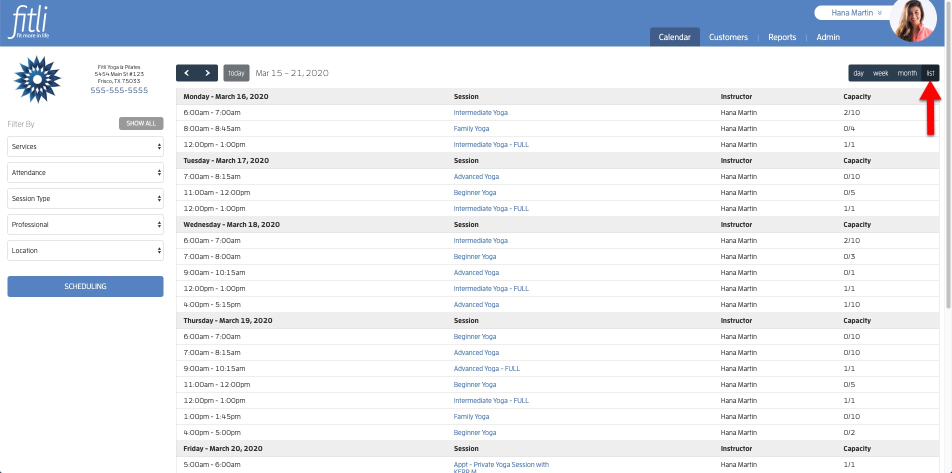 Calendar List View Yoga Studio Software Calendar List View