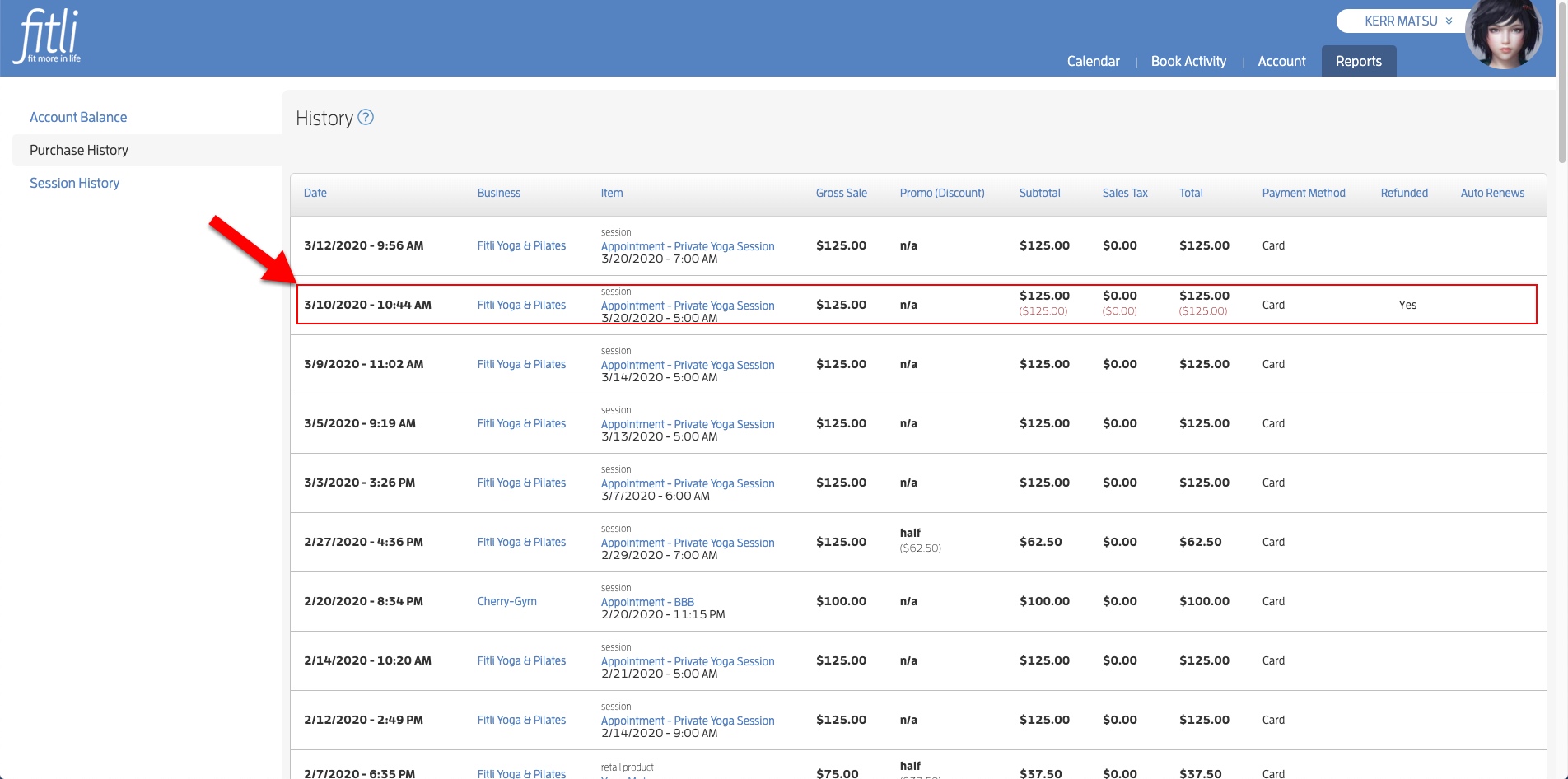 Refunds on Client Purchase History Report Studio Software