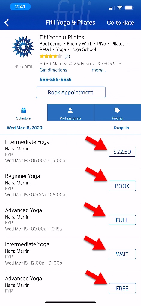 Dynamic Buttons on iOS Mobile yoga scheduling