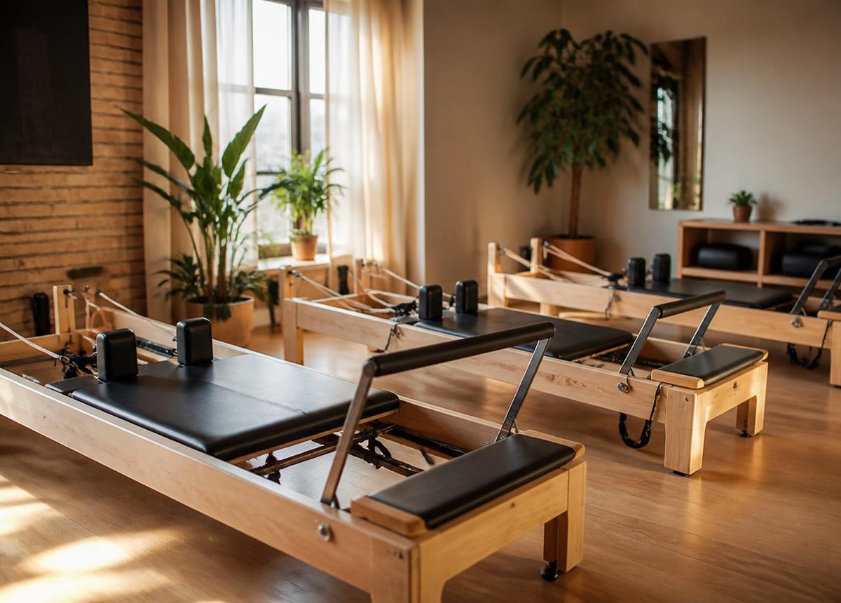 Empty boutique Pilates studio with reformer machines and natural light