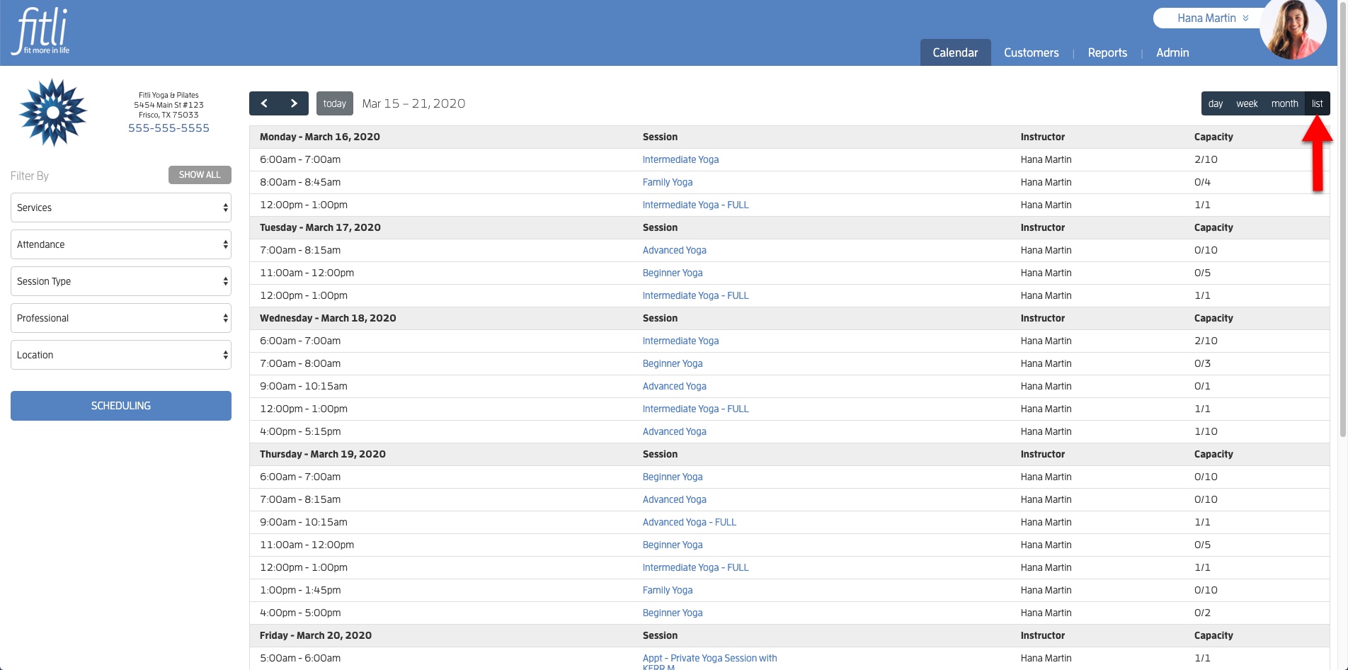 Yoga Studio Software Calendar List View